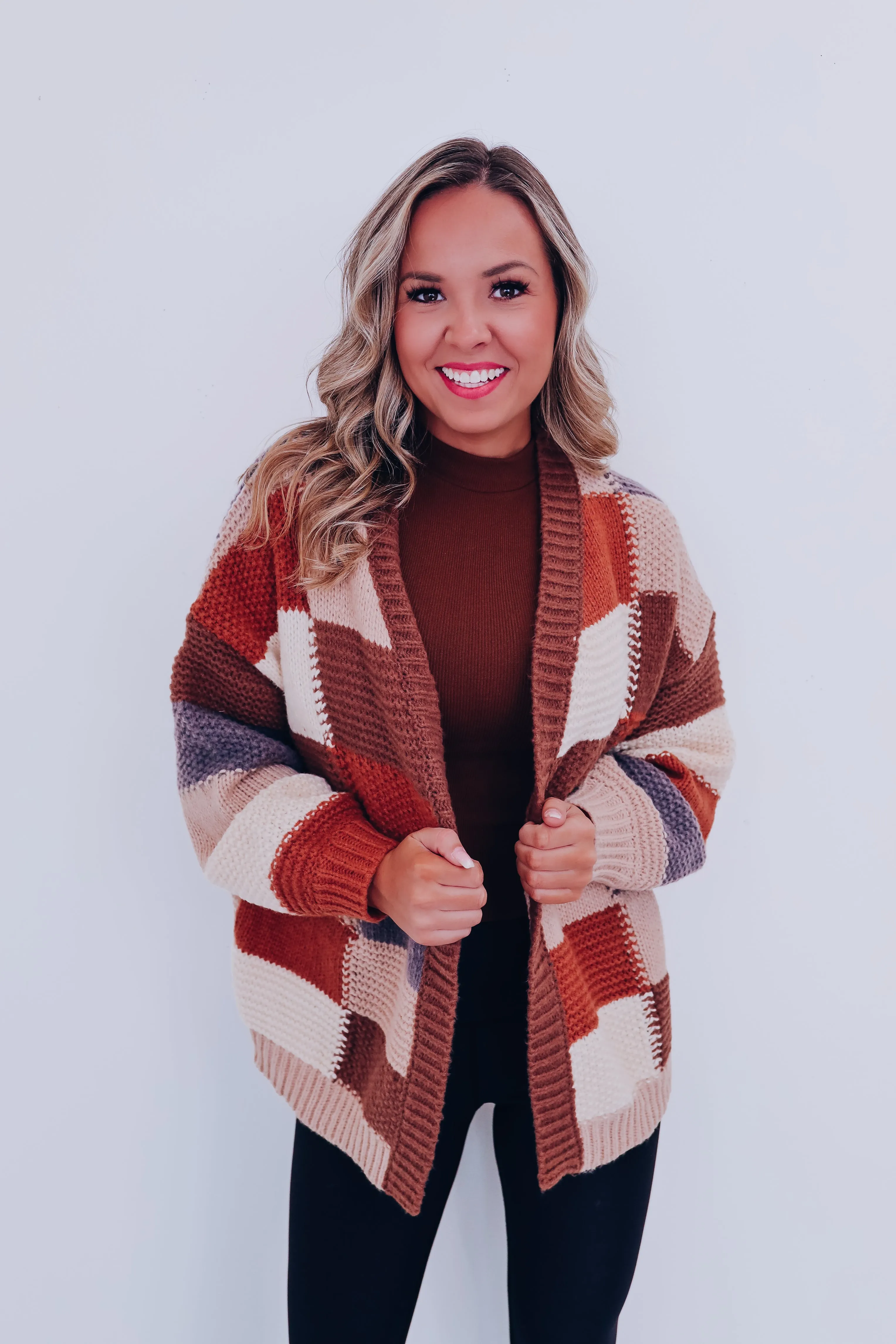 Chunky Checker Block Cardigan - Mocha Combo