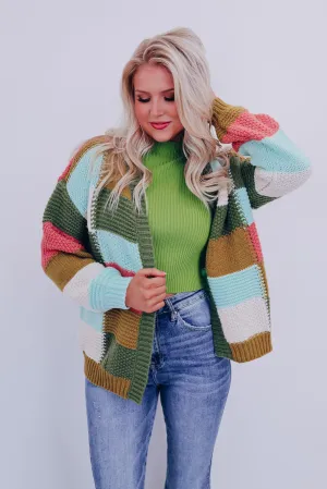 Chunky Checker Block Cardigan - Olive Combo