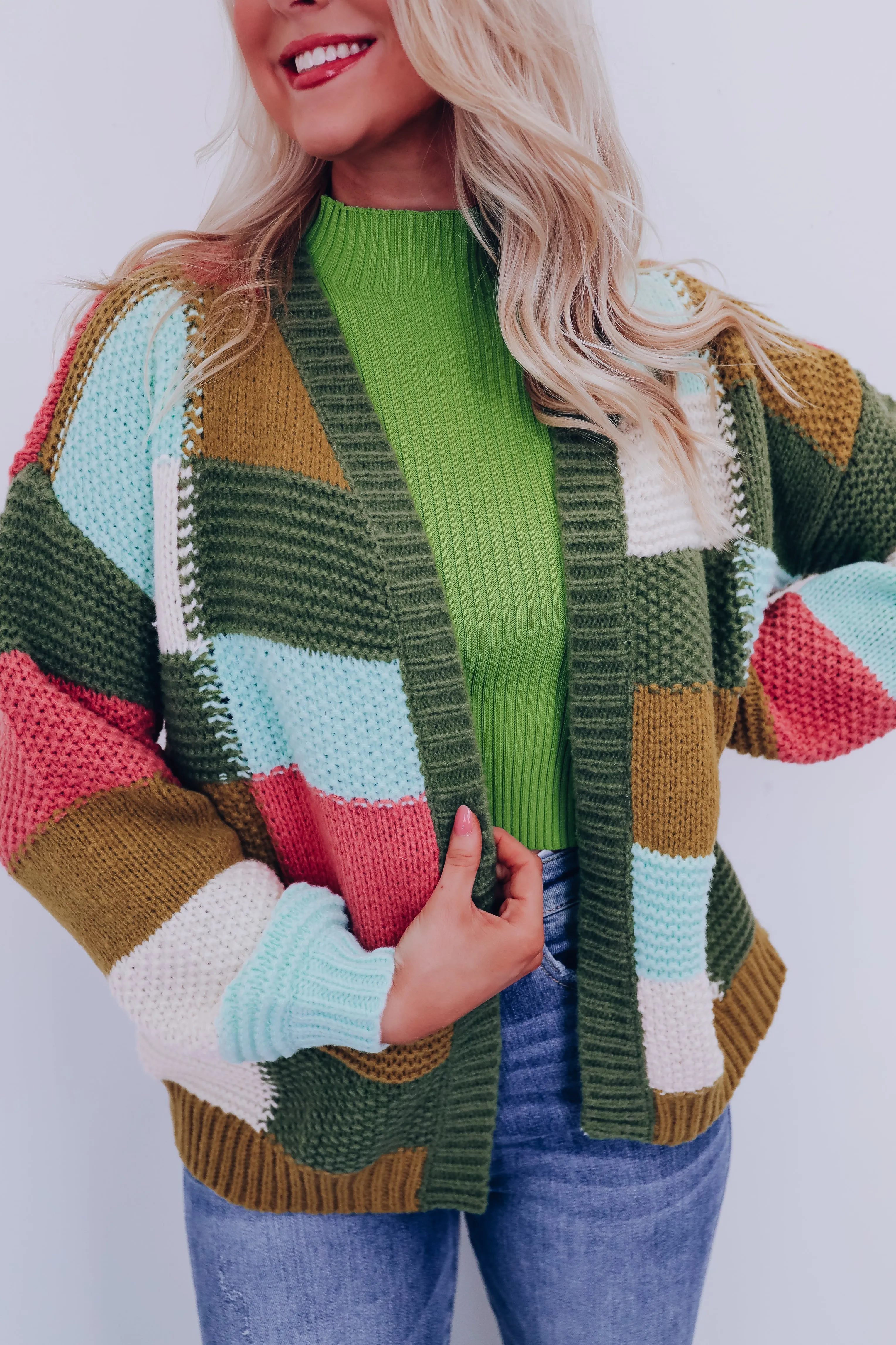 Chunky Checker Block Cardigan - Olive Combo