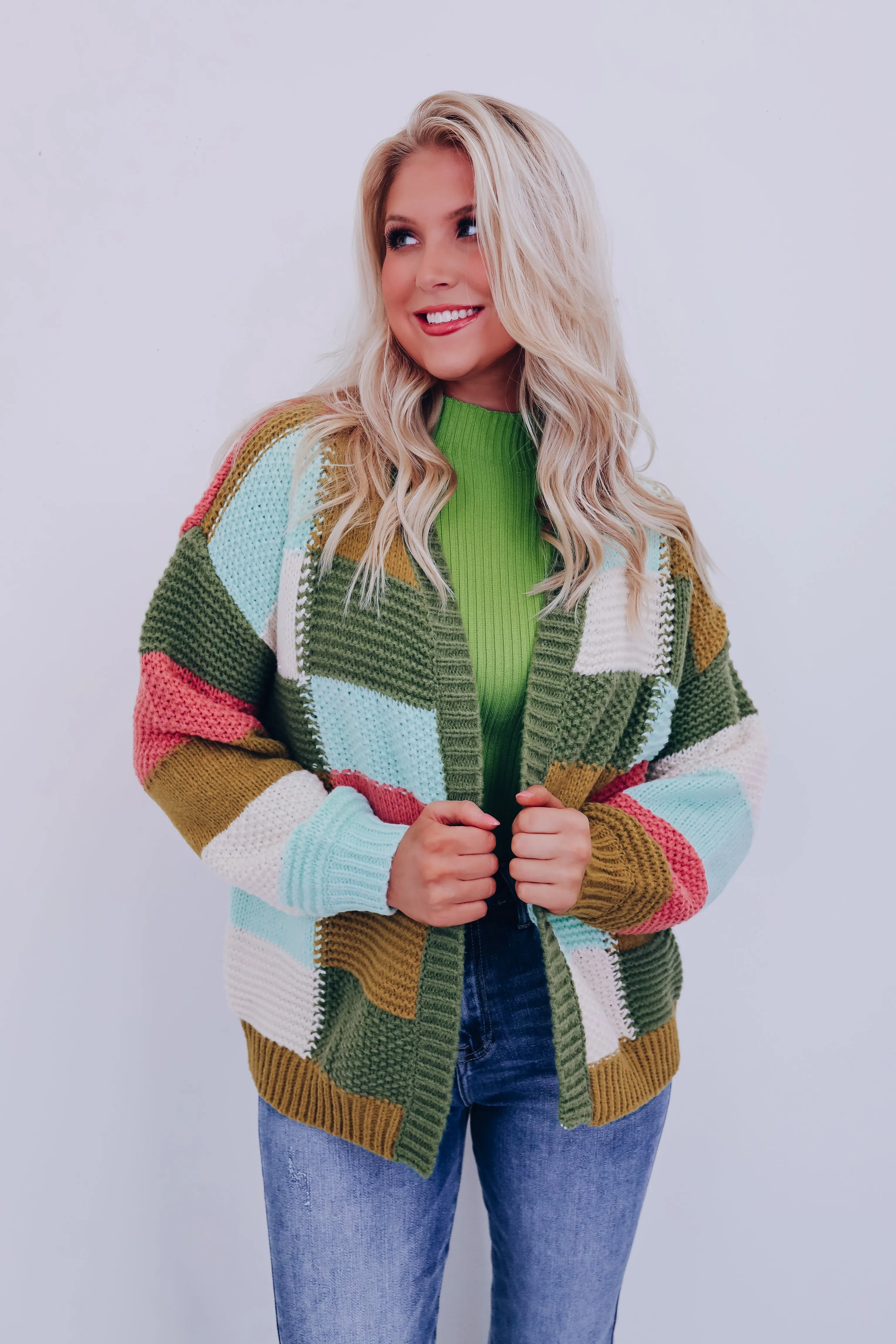 Chunky Checker Block Cardigan - Olive Combo