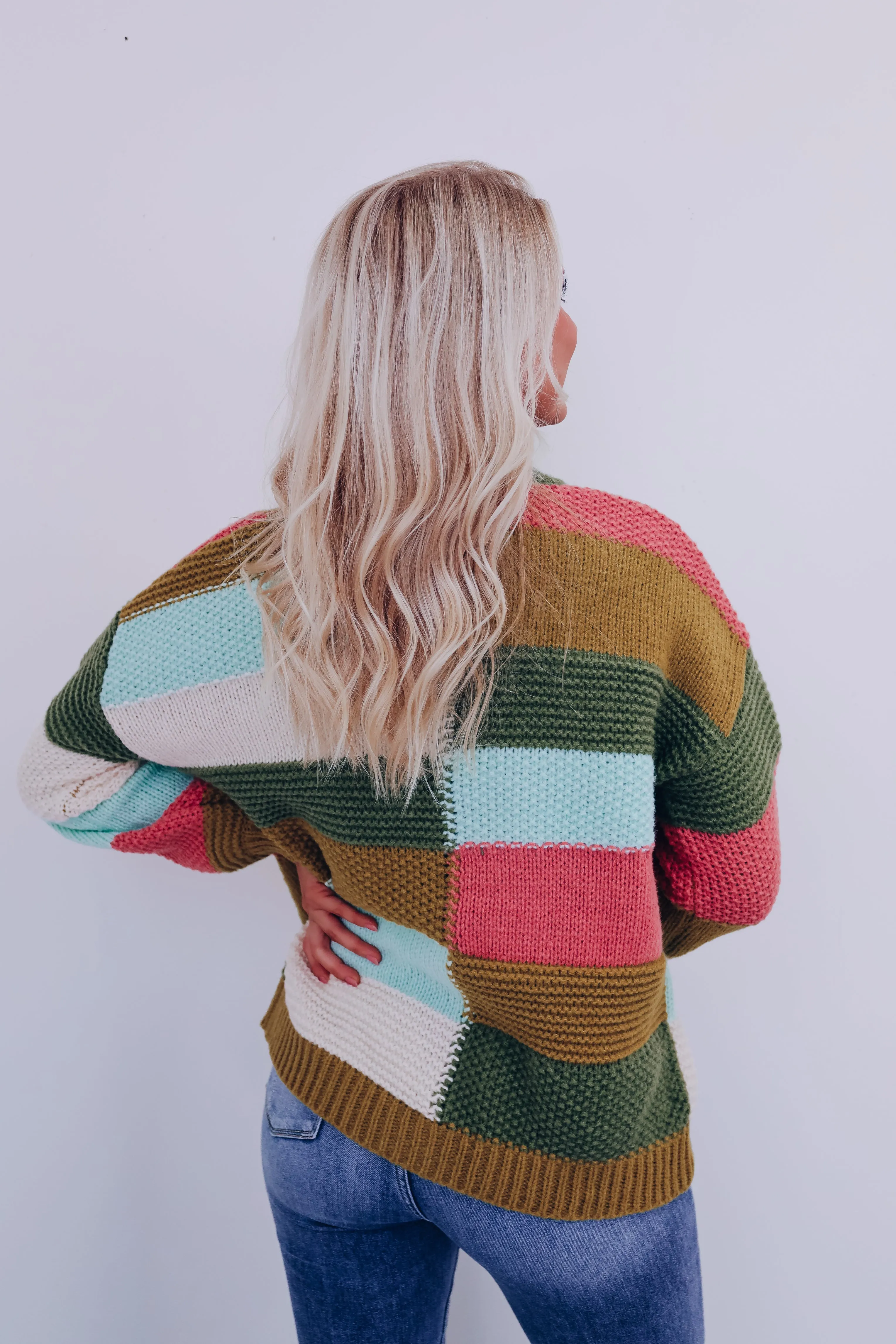 Chunky Checker Block Cardigan - Olive Combo