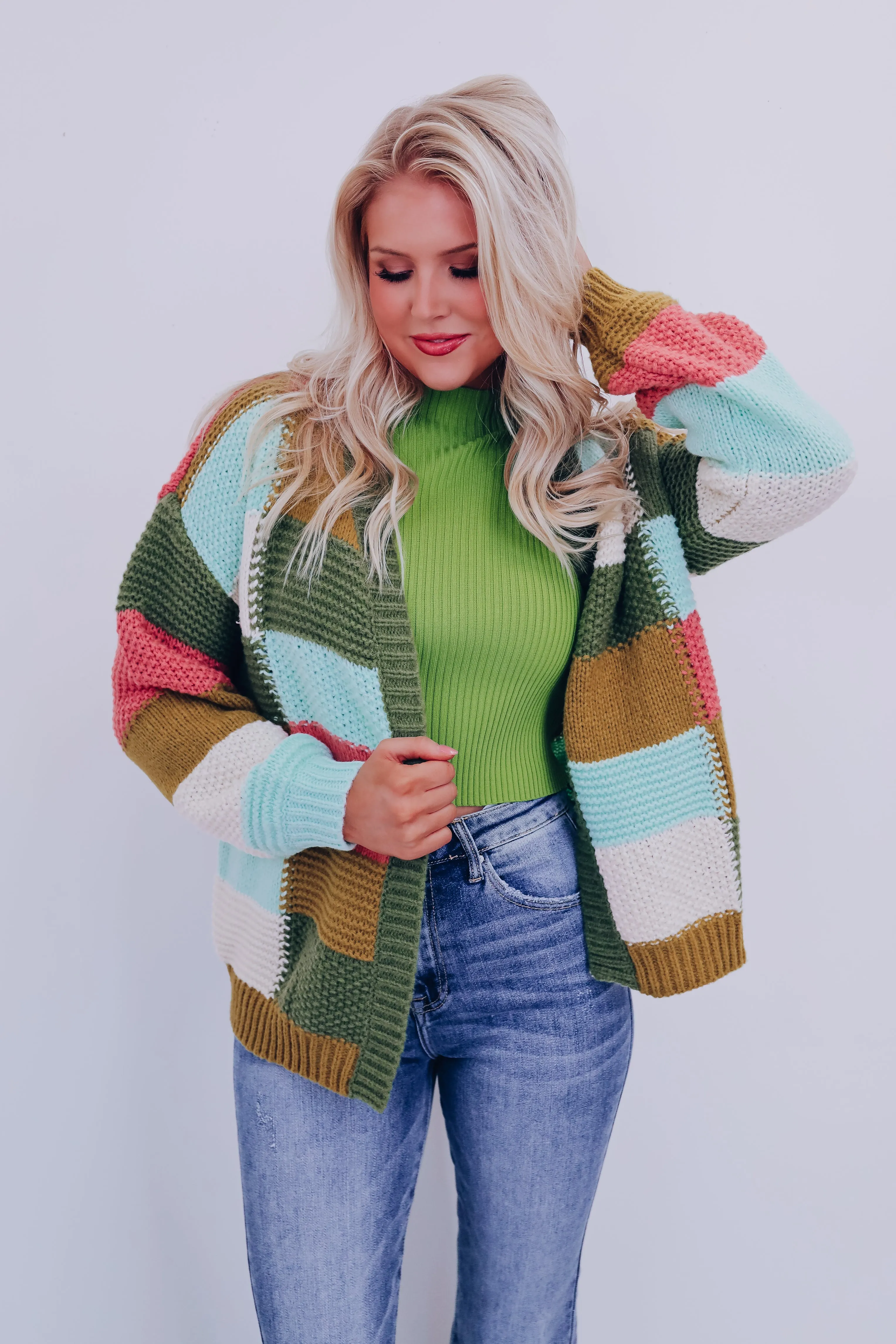 Chunky Checker Block Cardigan - Olive Combo