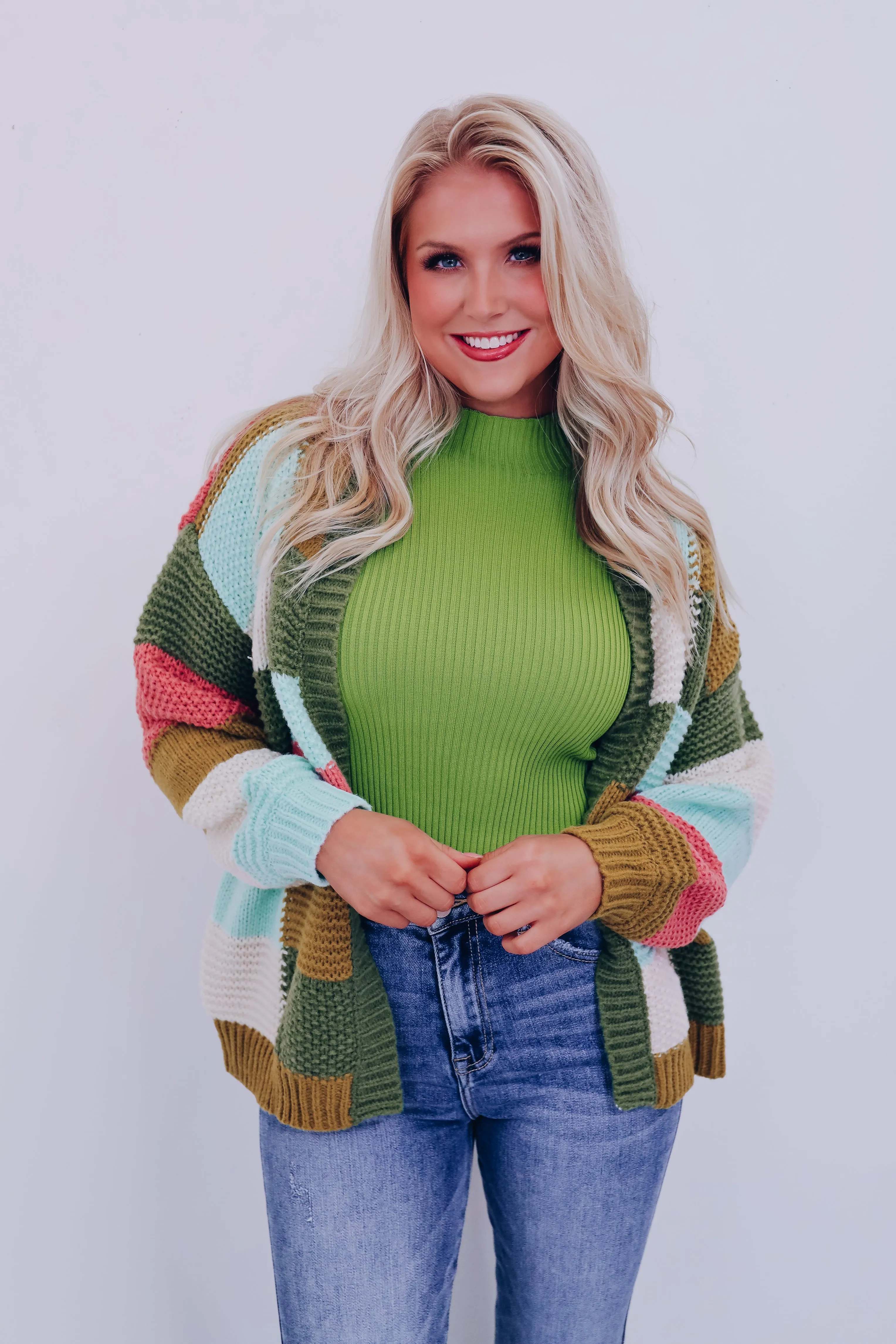 Chunky Checker Block Cardigan - Olive Combo
