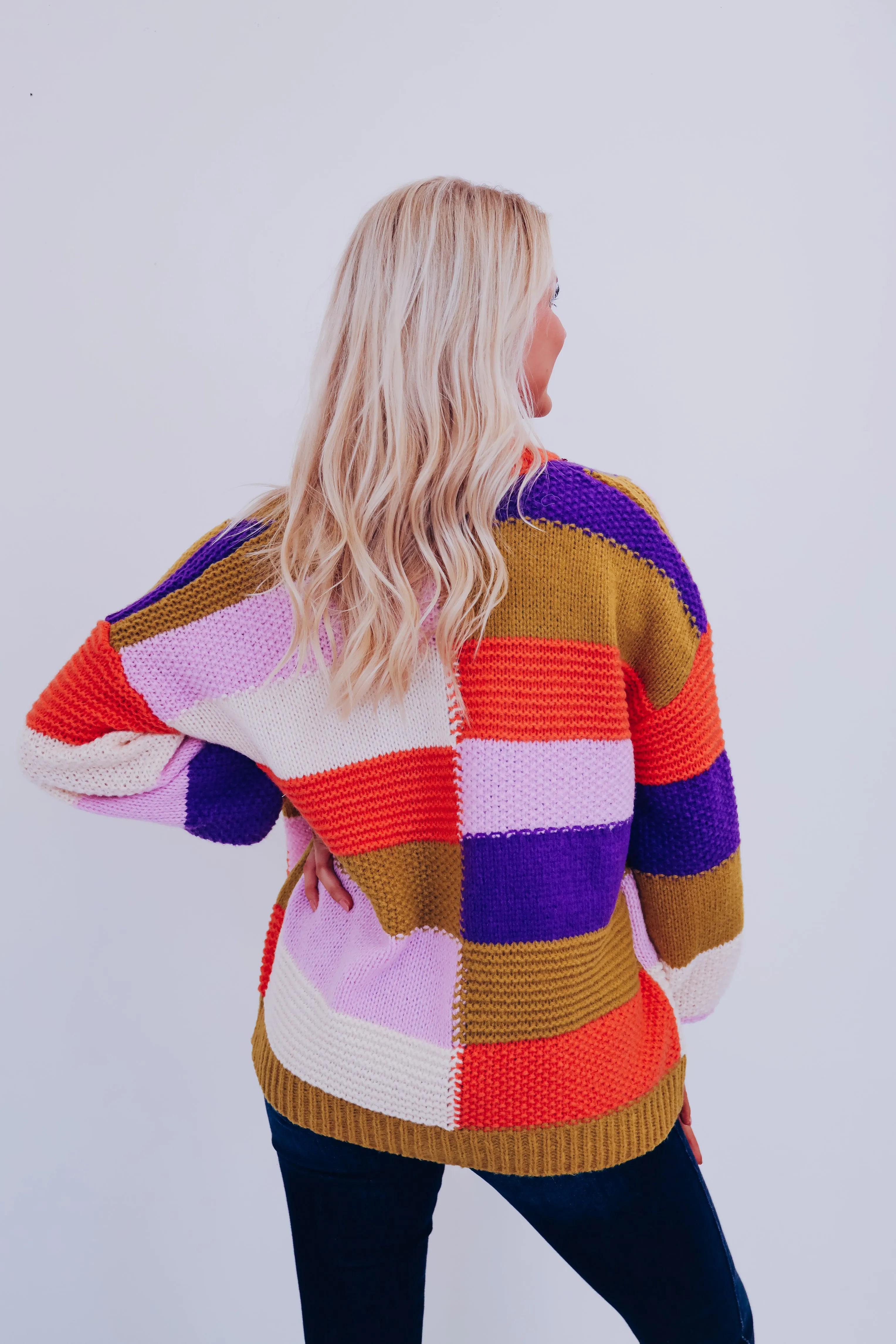 Chunky Checker Block Cardigan - Orange Combo