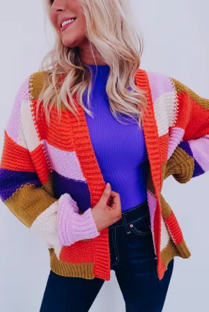 Chunky Checker Block Cardigan - Orange Combo