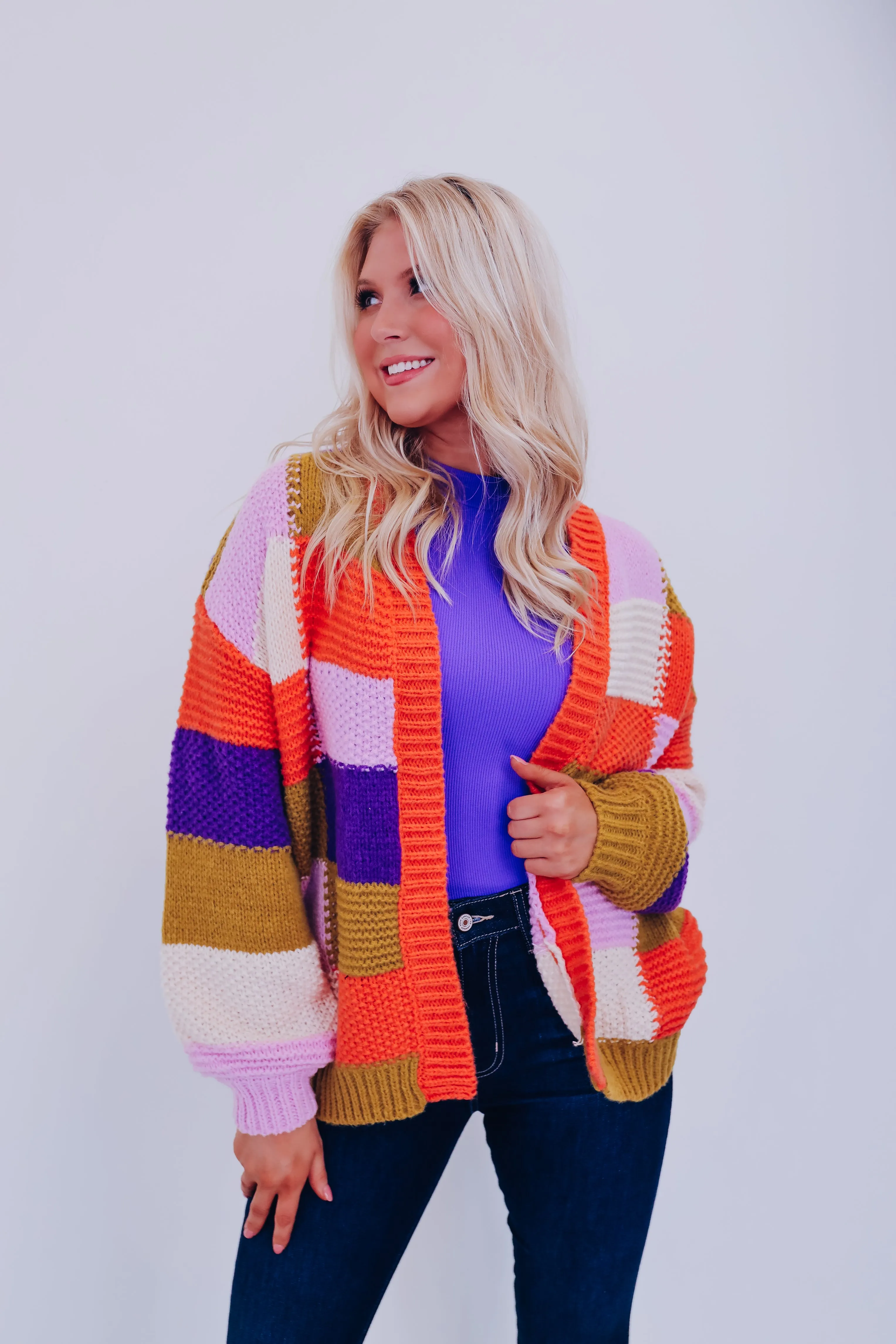 Chunky Checker Block Cardigan - Orange Combo