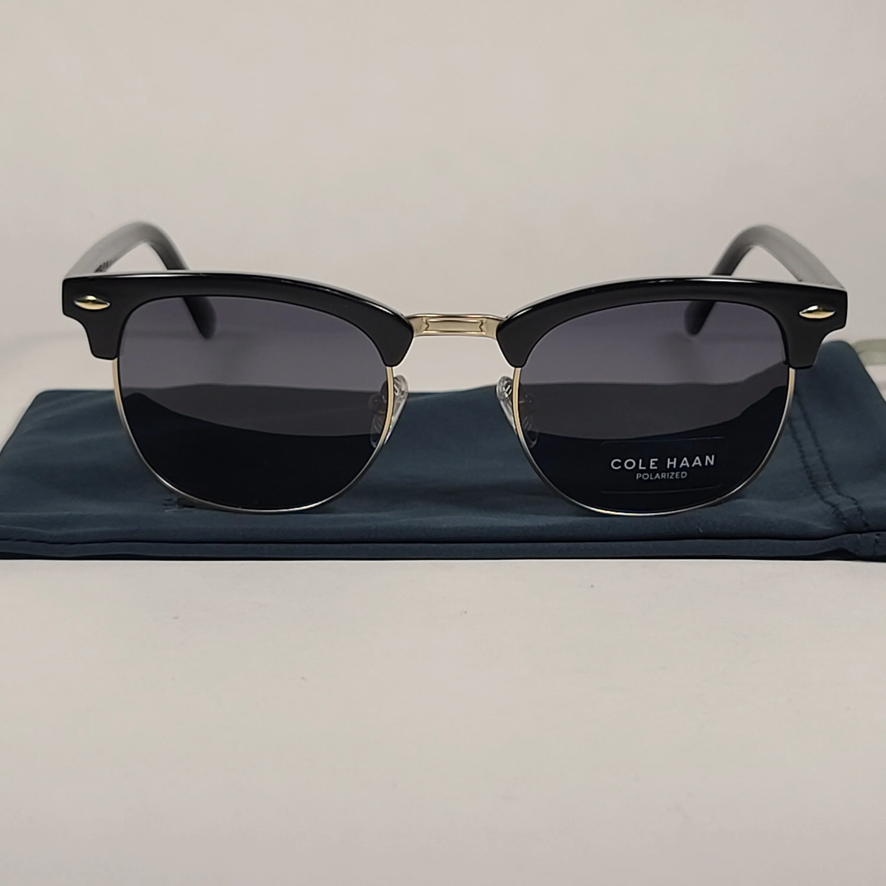 Cole Haan CH8505 001 Polarized Square Club Sunglasses Shiny Black Gold Trim Gray Lens