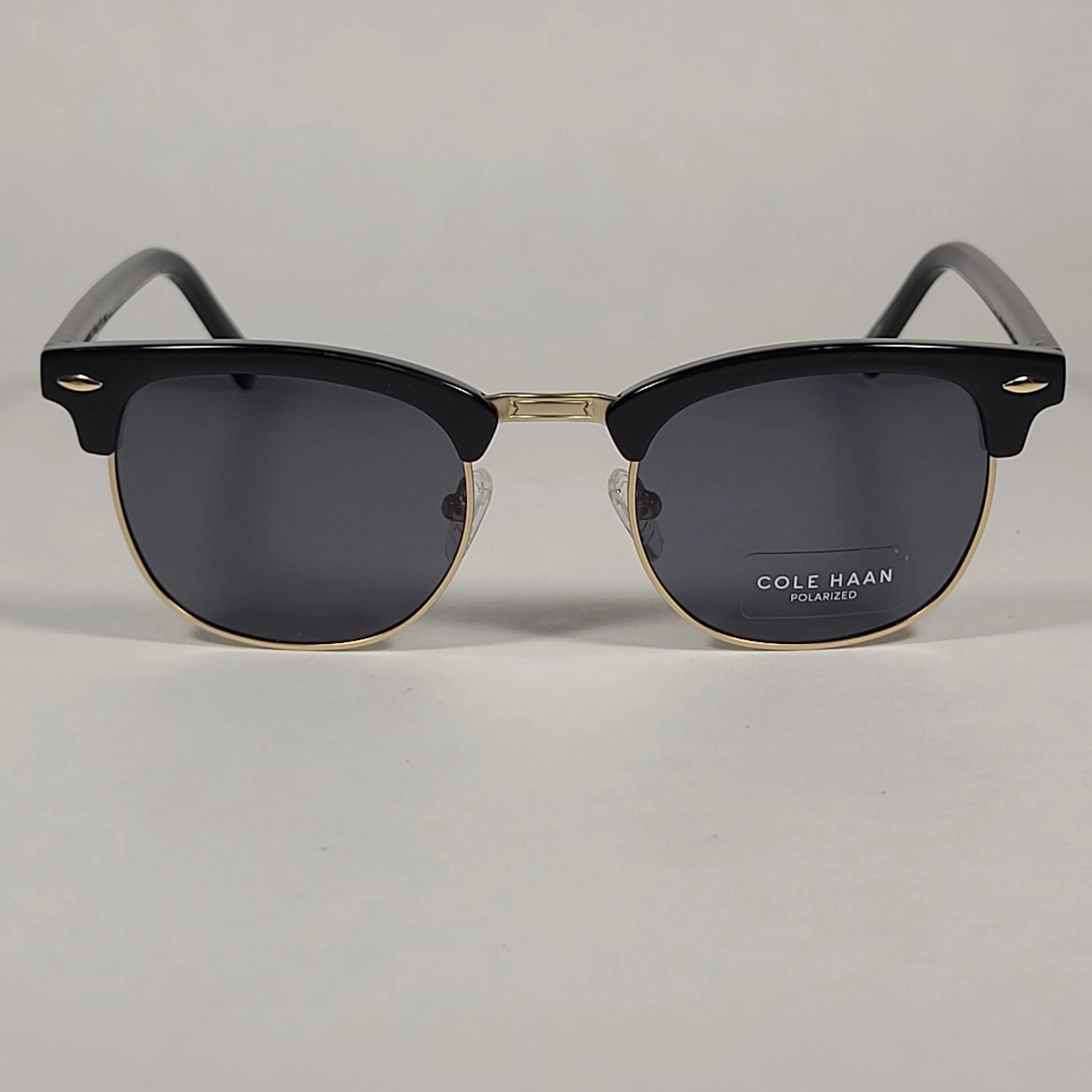 Cole Haan CH8505 001 Polarized Square Club Sunglasses Shiny Black Gold Trim Gray Lens
