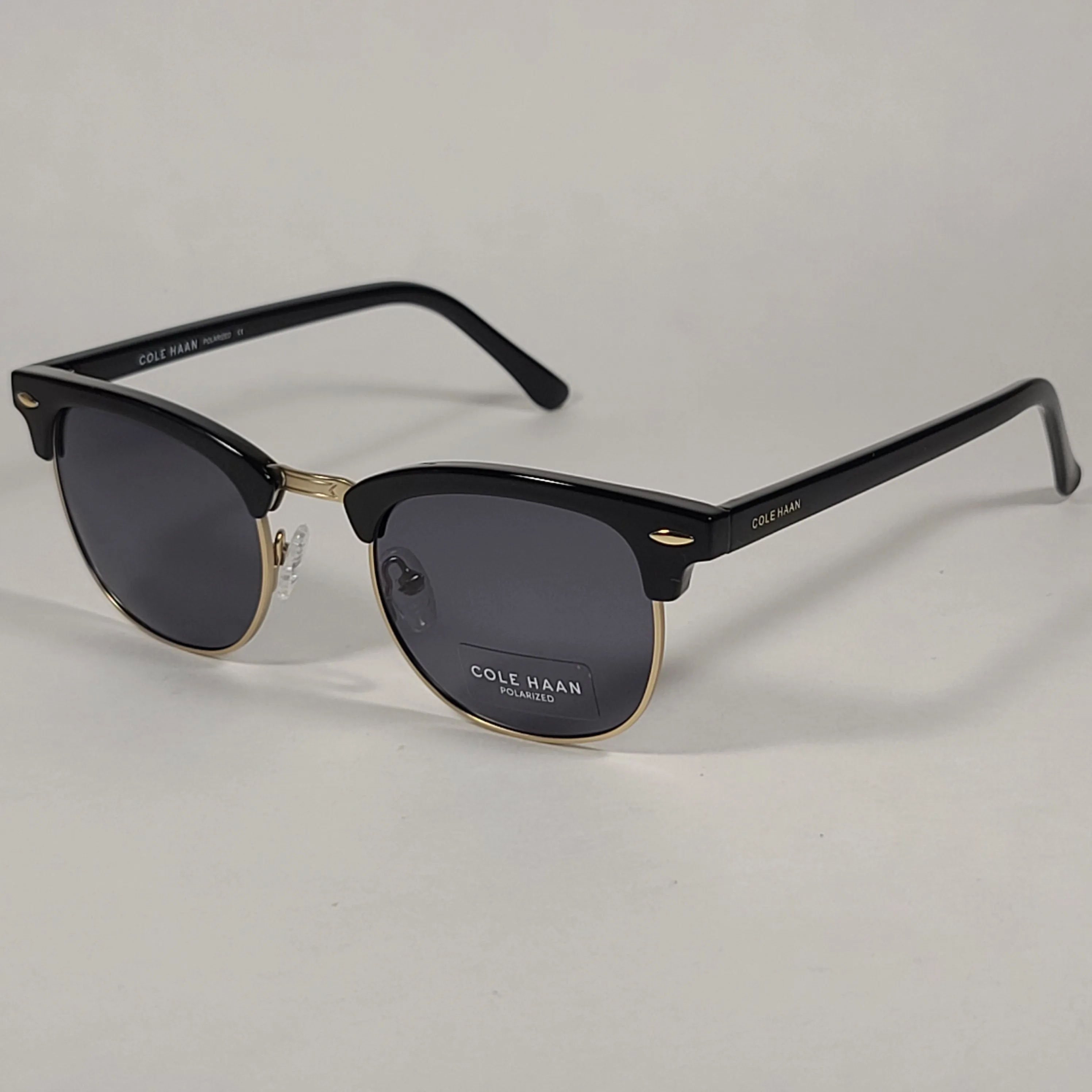 Cole Haan CH8505 001 Polarized Square Club Sunglasses Shiny Black Gold Trim Gray Lens
