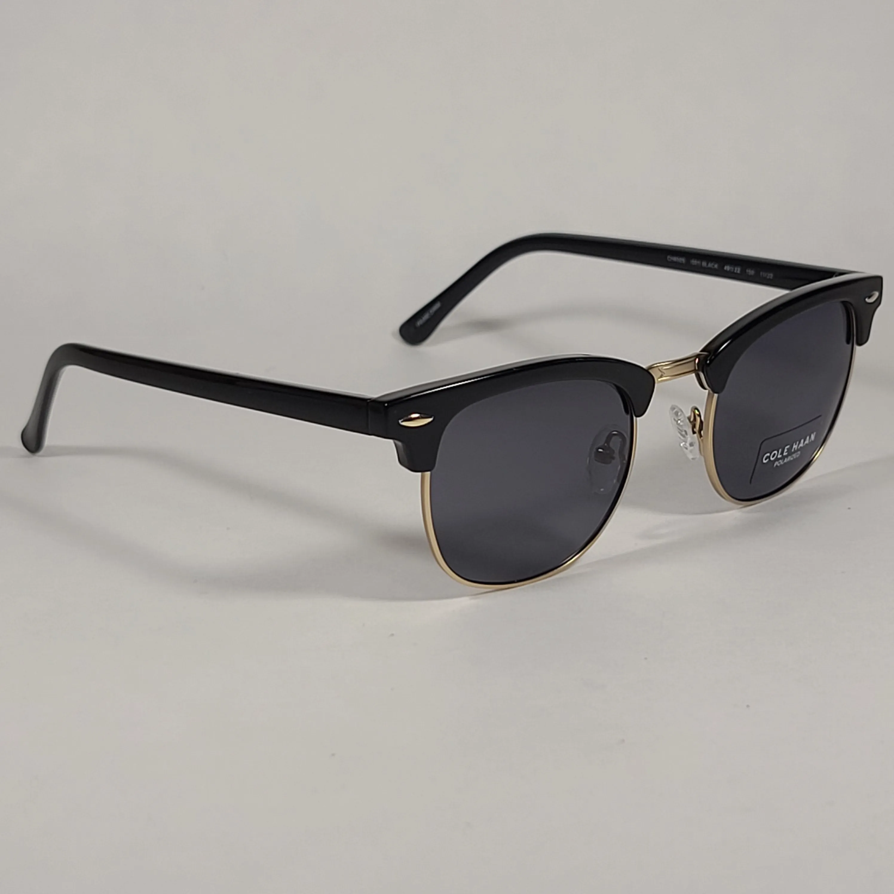 Cole Haan CH8505 001 Polarized Square Club Sunglasses Shiny Black Gold Trim Gray Lens