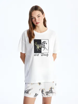 Crew Neck Printed Short Sleeve Women Pajama Set With Shorts