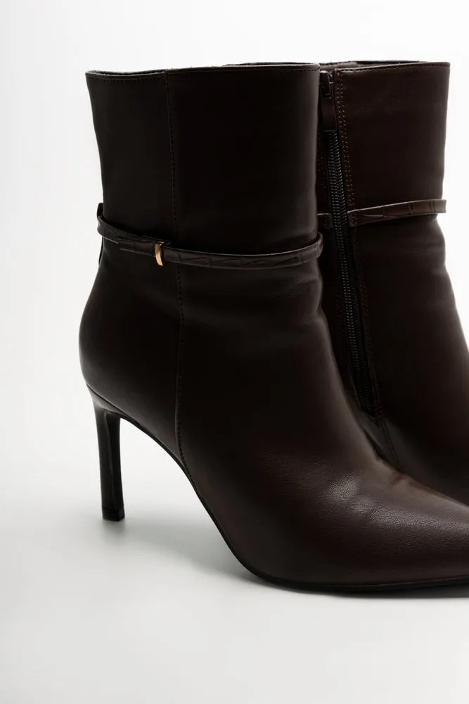 Croc Trim Stiletto Boots Brown