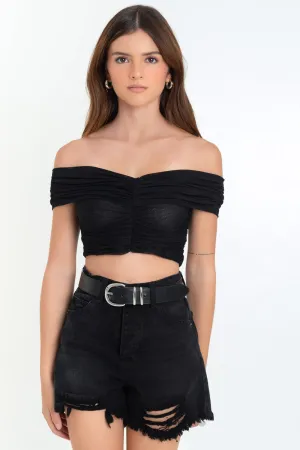 Crop top de mesh plisado hombros descubiertos