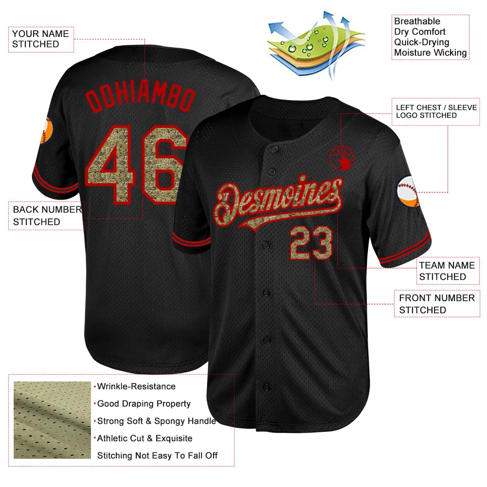 Custom Black Camo-Red Mesh Authentic Throwback Baseball Jersey