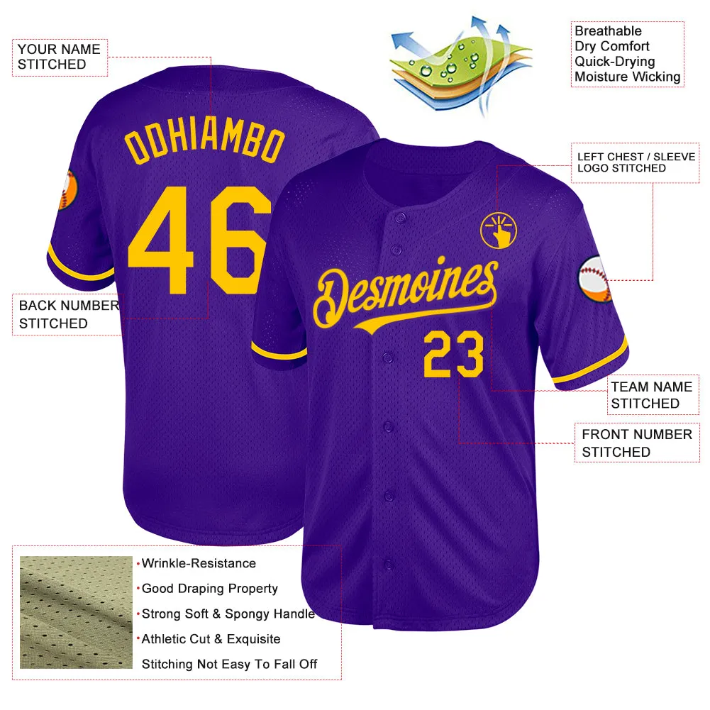 Custom Purple Yellow Mesh Authentic Throwback Baseball Jersey