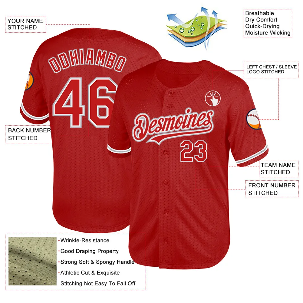 Custom Red White-Gray Mesh Authentic Throwback Baseball Jersey