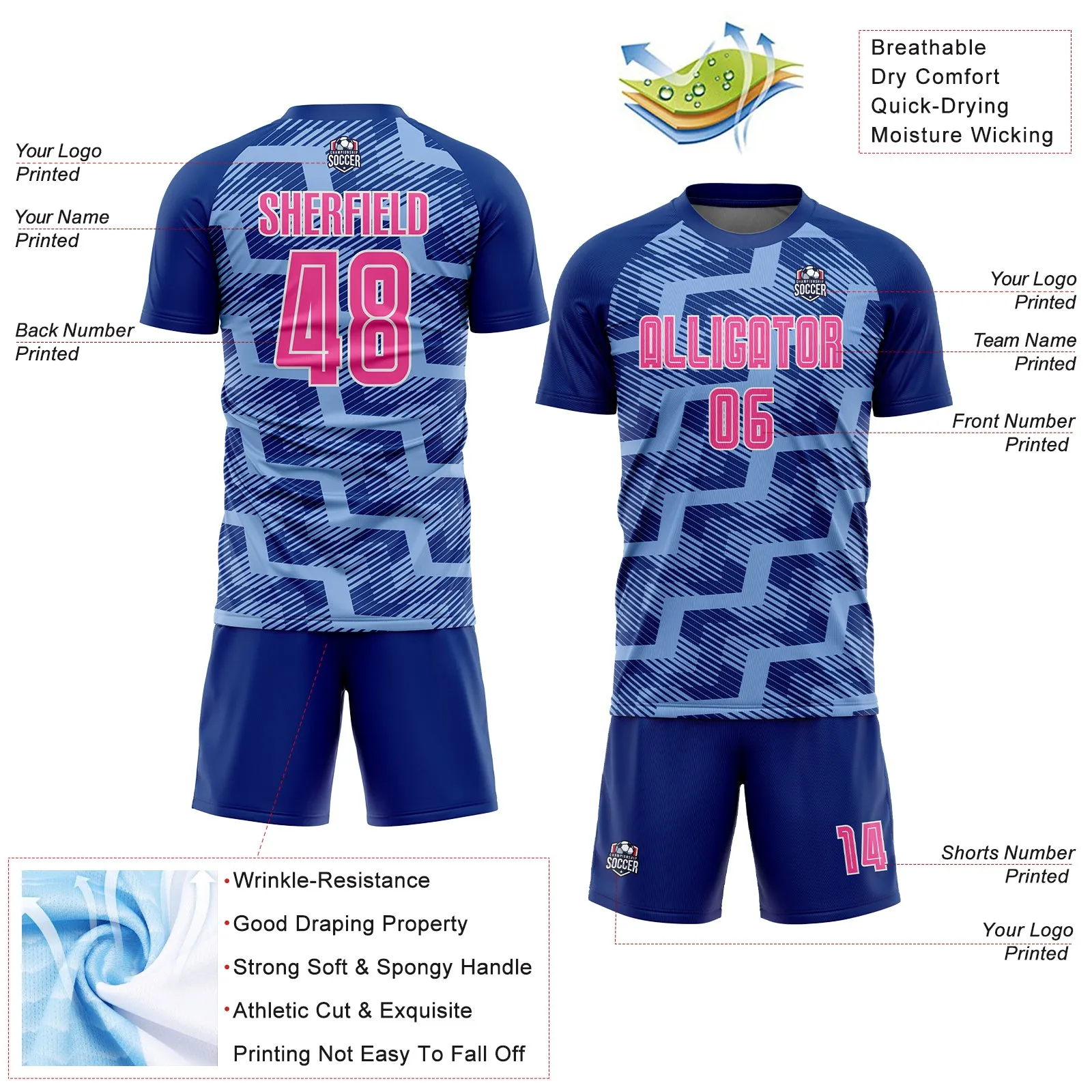 Custom Royal Pink-Light Blue Line Sublimation Soccer Uniform Jersey