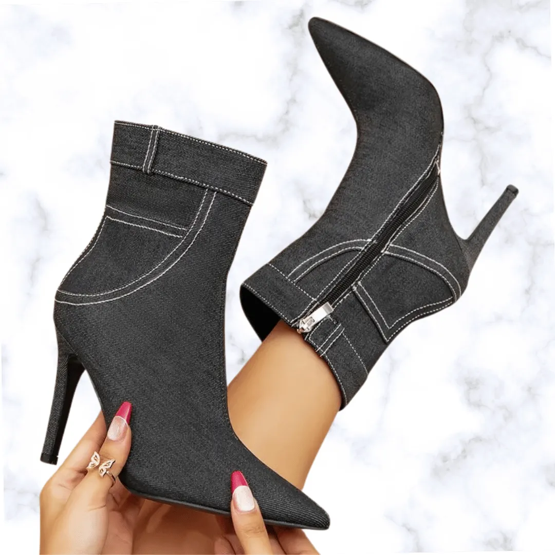Designer Winter Black Denim Pointed Toe Ankle Boots for Women, Elegant Thin High Heel Chelsea Side Zipper Shoes