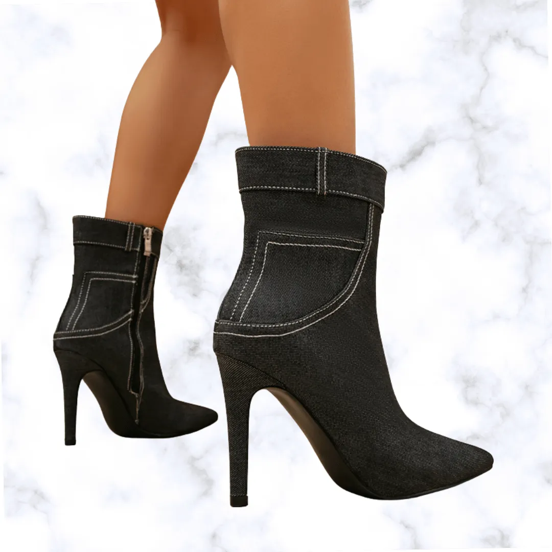 Designer Winter Black Denim Pointed Toe Ankle Boots for Women, Elegant Thin High Heel Chelsea Side Zipper Shoes