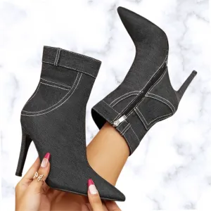 Designer Winter Black Denim Pointed Toe Ankle Boots for Women, Elegant Thin High Heel Chelsea Side Zipper Shoes