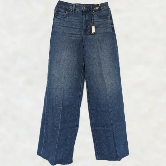Express High Waist Medium Wash Raw Hem Wide Leg Cotton Denim Jeans 6R 32&quot; Inseam