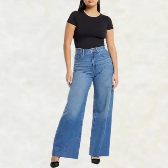 Express High Waist Medium Wash Raw Hem Wide Leg Cotton Denim Jeans 6R 32&quot; Inseam