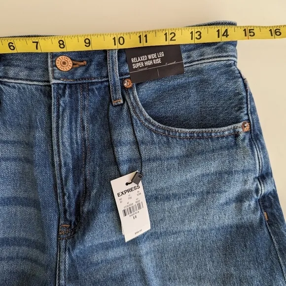 Express High Waist Medium Wash Raw Hem Wide Leg Cotton Denim Jeans 6R 32&quot; Inseam