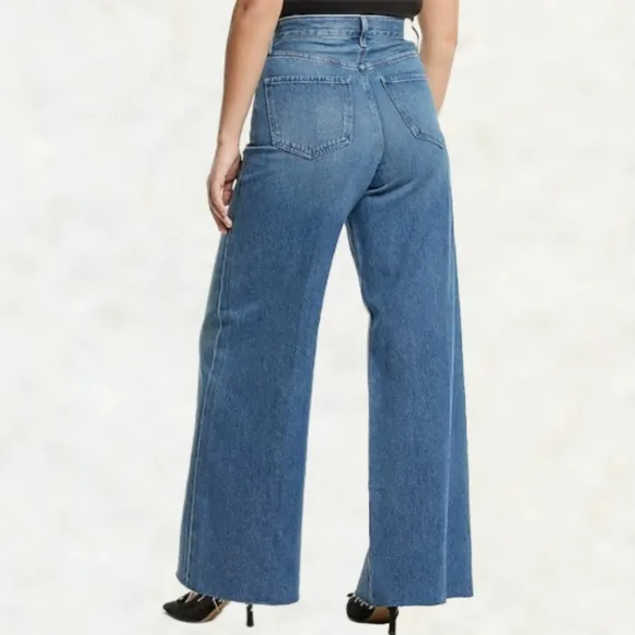 Express High Waist Medium Wash Raw Hem Wide Leg Cotton Denim Jeans 6R 32&quot; Inseam