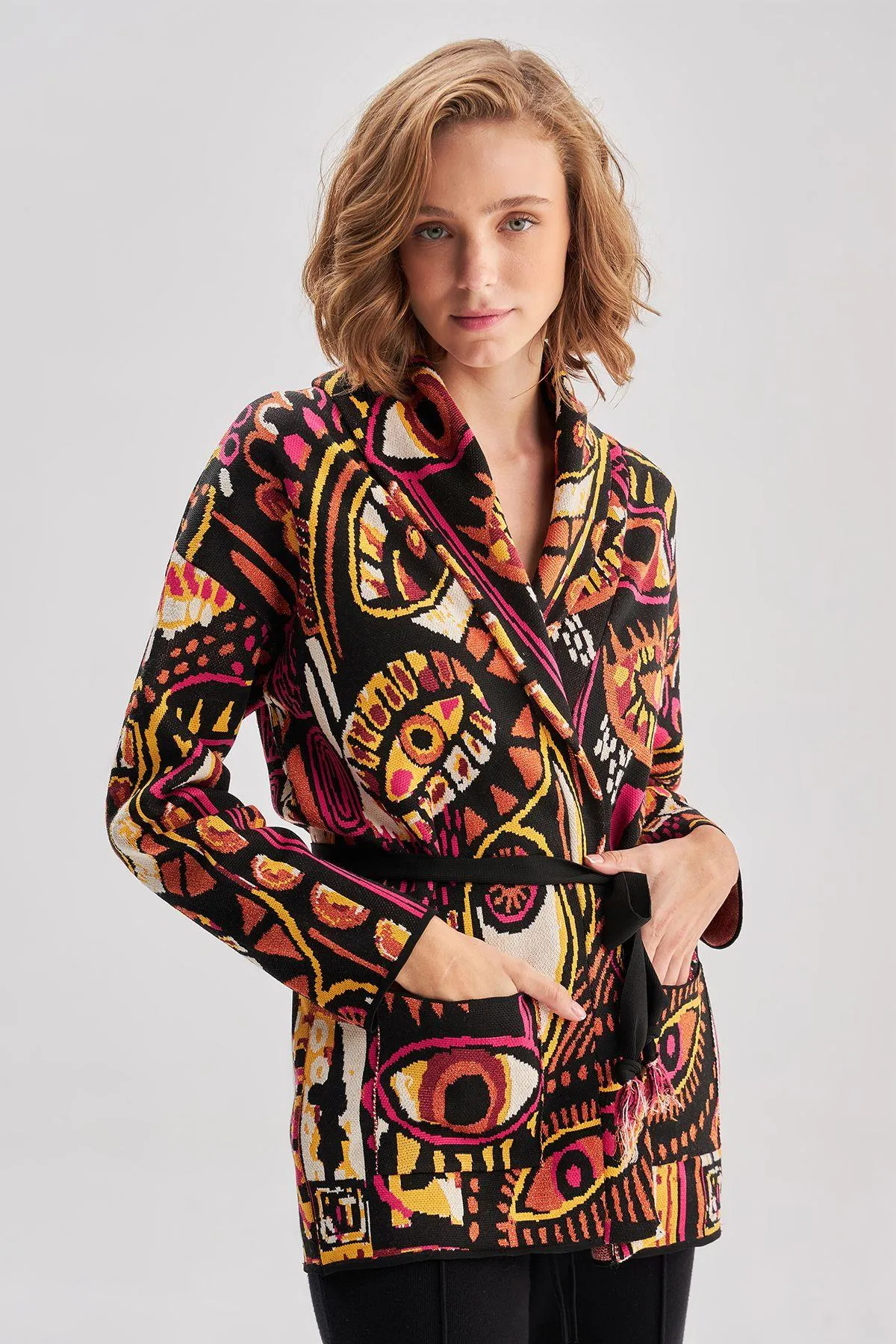 Eye Patterned Orange Knitwear Cardigan