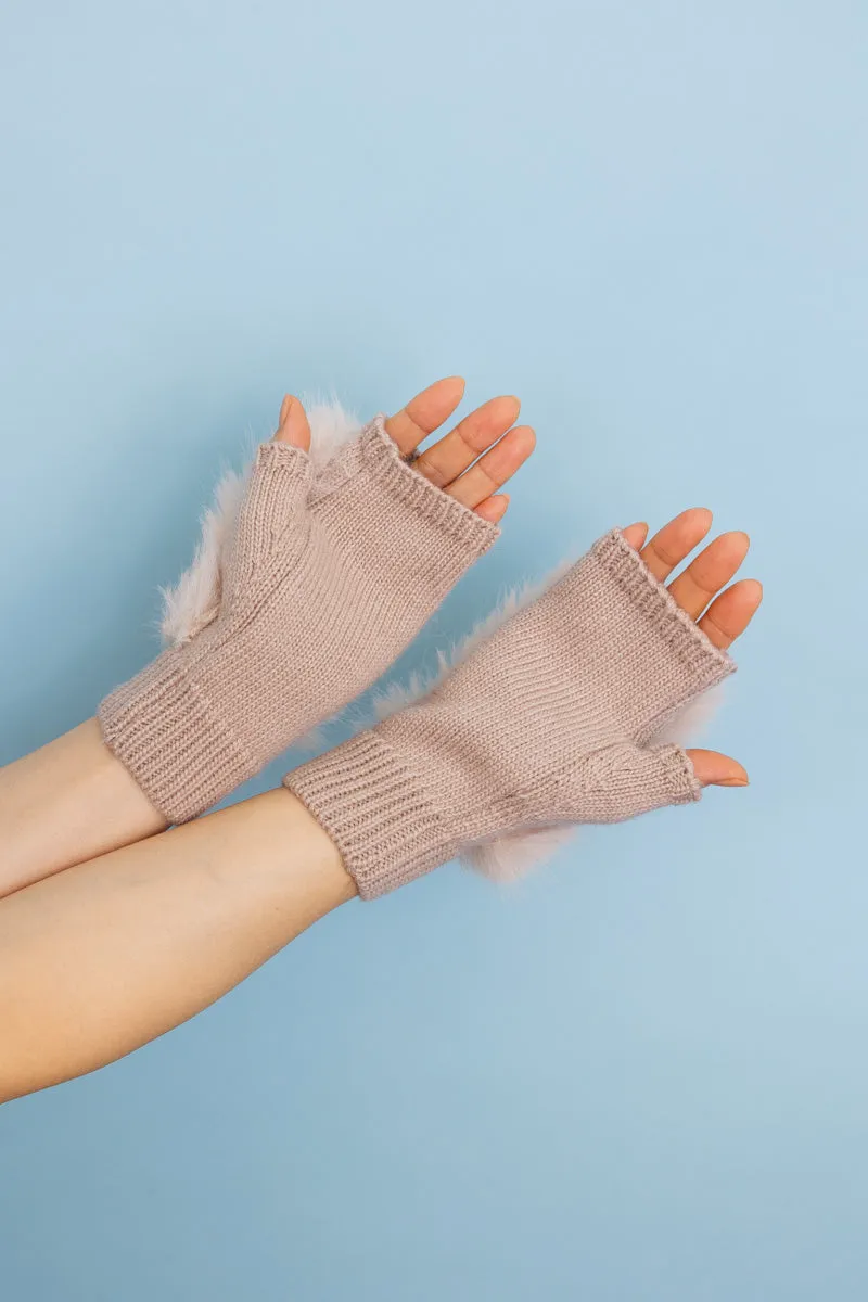 Faux Fur Trim Fingerless Knit Mittens - 6 colors