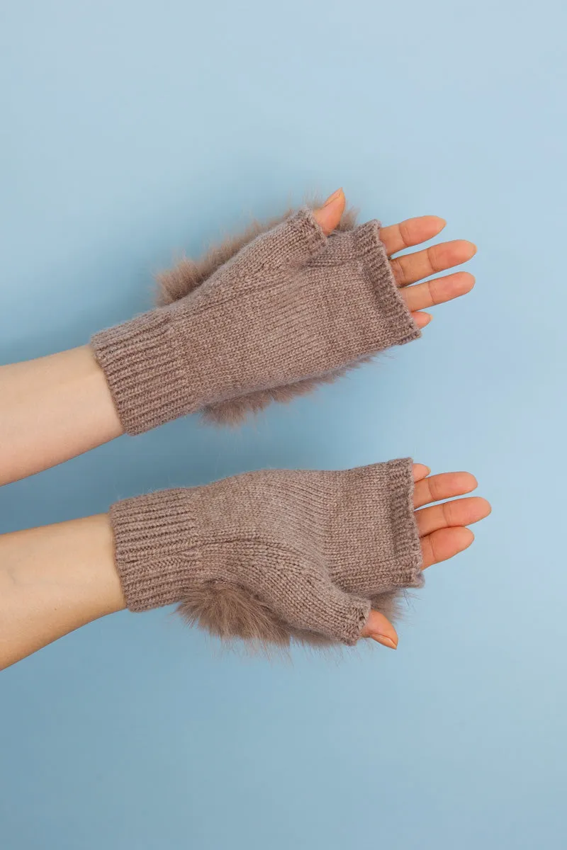 Faux Fur Trim Fingerless Knit Mittens - 6 colors
