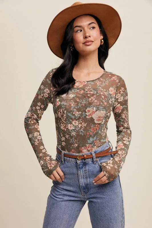 Floral Print Mesh Corset Top