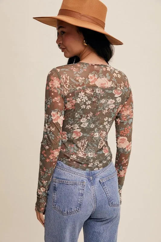 Floral Print Mesh Corset Top