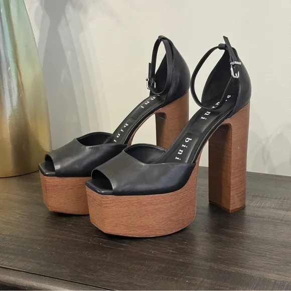 Gianni Bini Fenix Leather Woodgrain Platform Peep Toe Pumps Heels Size 11 NEW