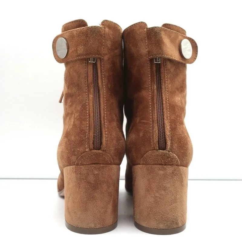 Gianvito Rossi Lace-Up Ankle Boots Brown Suede Size 38 Mid-Heel Booties
