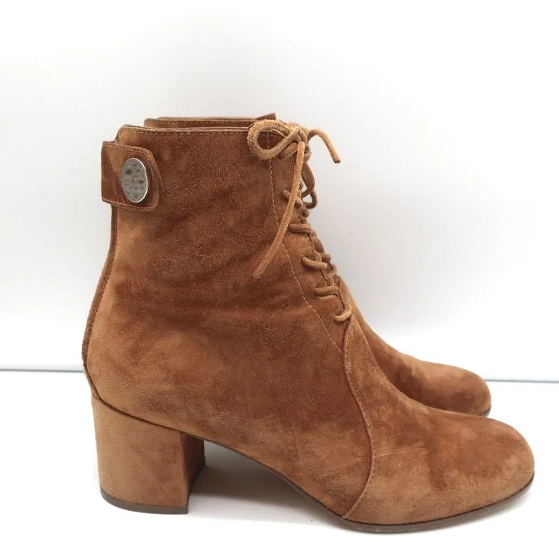 Gianvito Rossi Lace-Up Ankle Boots Brown Suede Size 38 Mid-Heel Booties