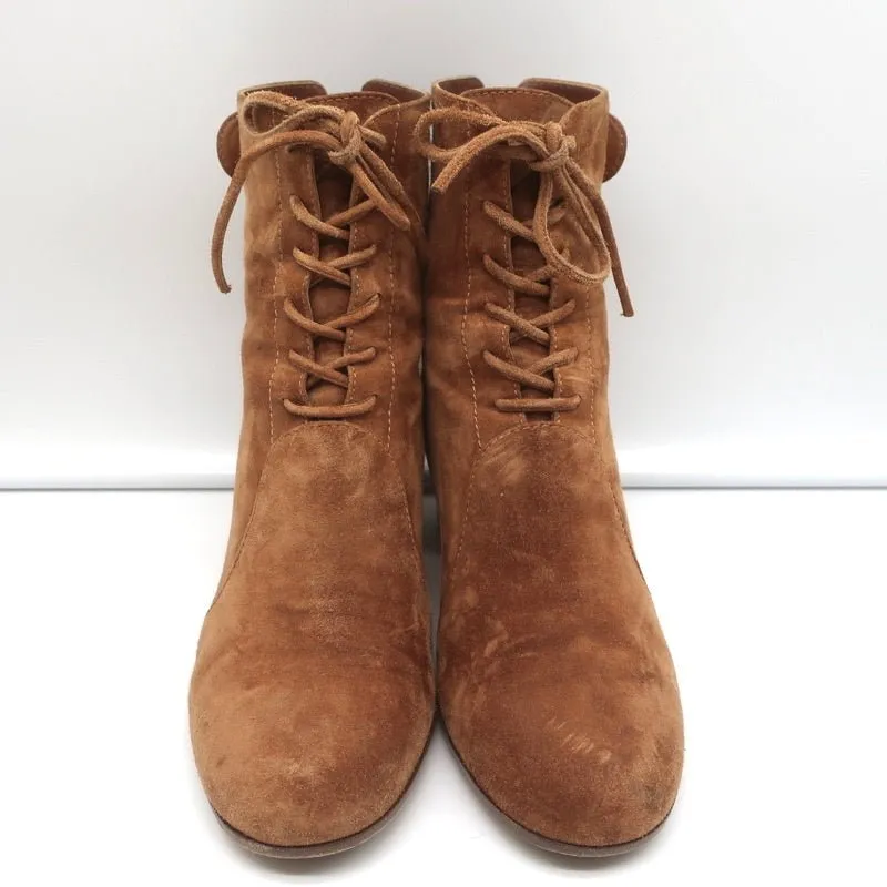 Gianvito Rossi Lace-Up Ankle Boots Brown Suede Size 38 Mid-Heel Booties