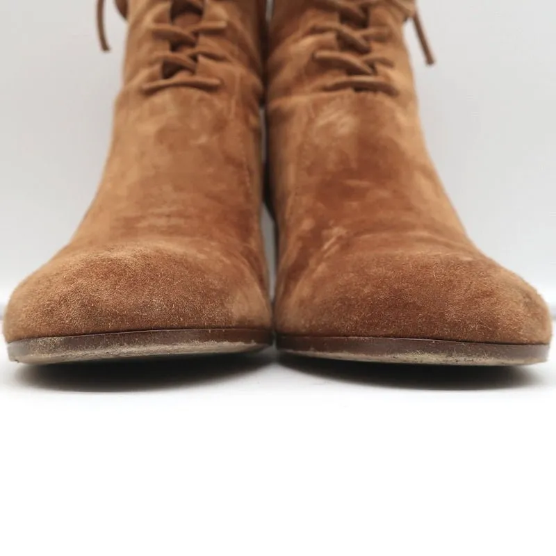 Gianvito Rossi Lace-Up Ankle Boots Brown Suede Size 38 Mid-Heel Booties