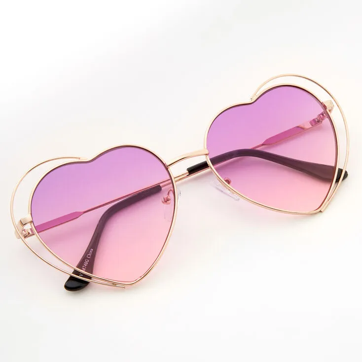 Gold Double Heart Sunglasses - Purple