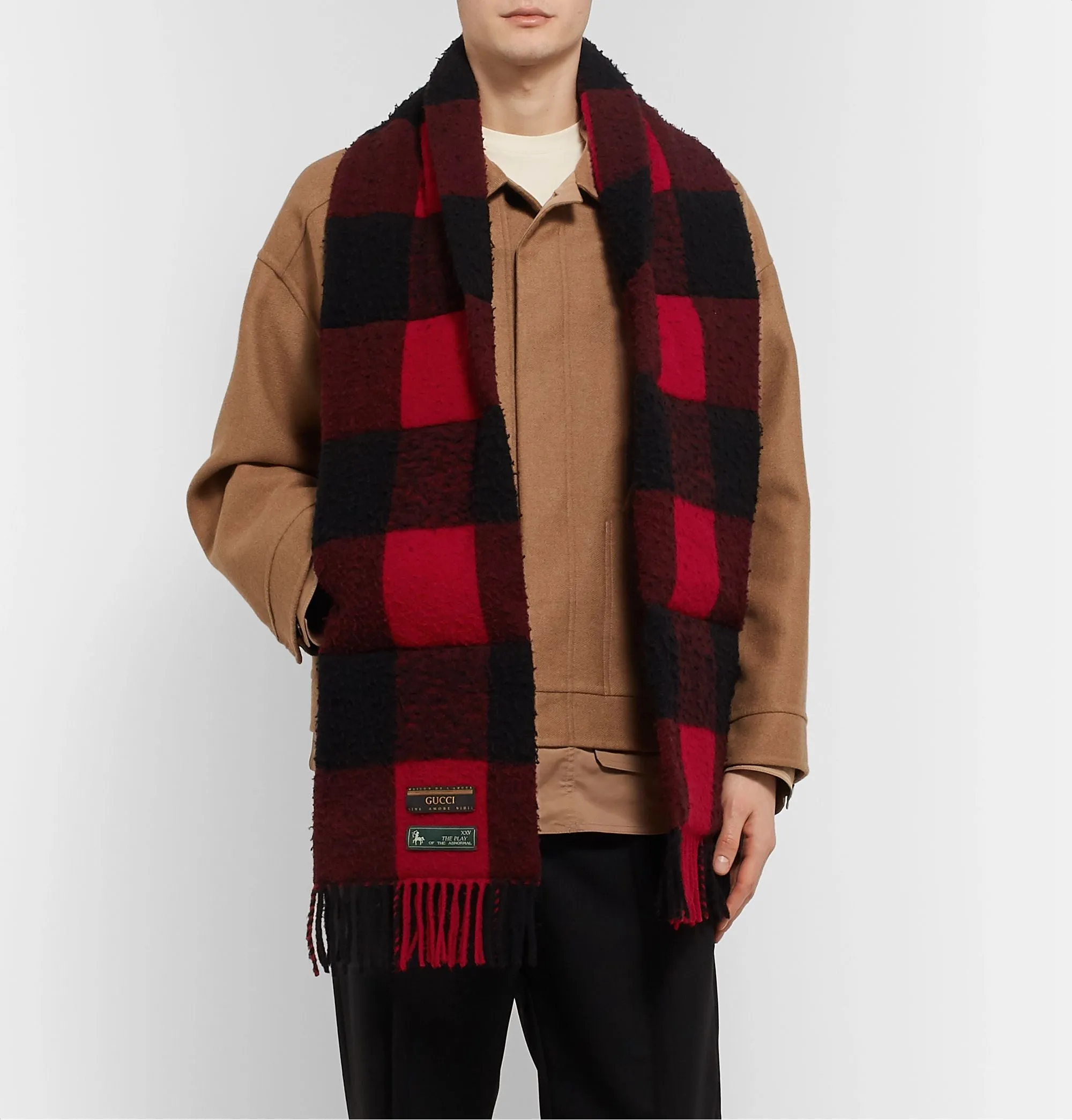 Gucci Fringed Padded Checked Wool Scarf in Red