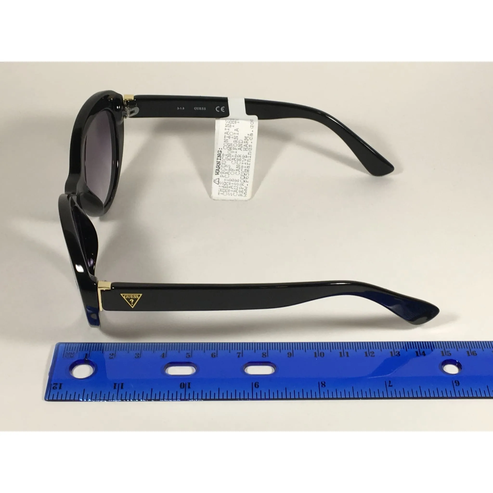 Guess Cat Eye Sunglasses Black Frame Gold Trim Smoke Gray Gradient GF0348 01B