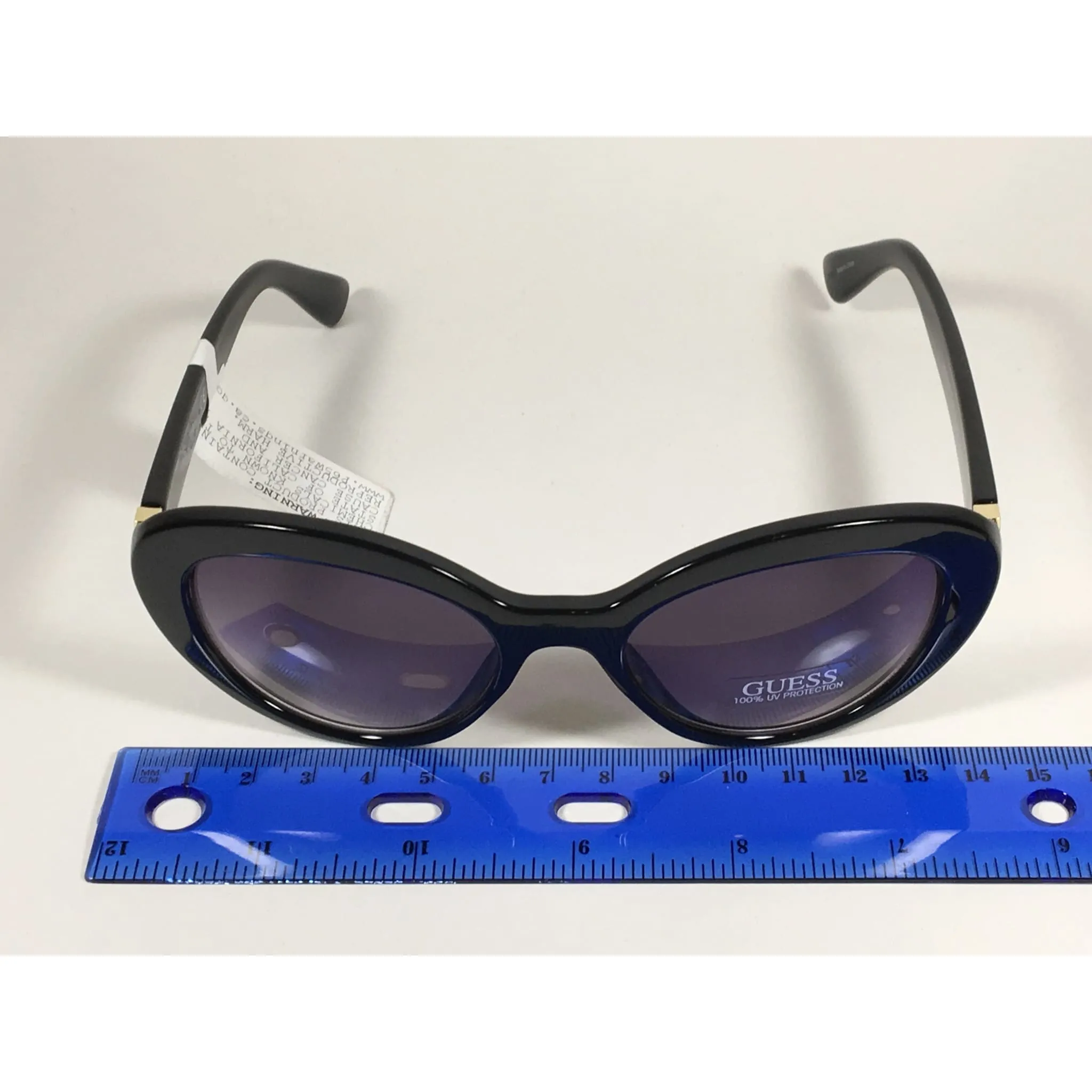 Guess Cat Eye Sunglasses Black Frame Gold Trim Smoke Gray Gradient GF0348 01B