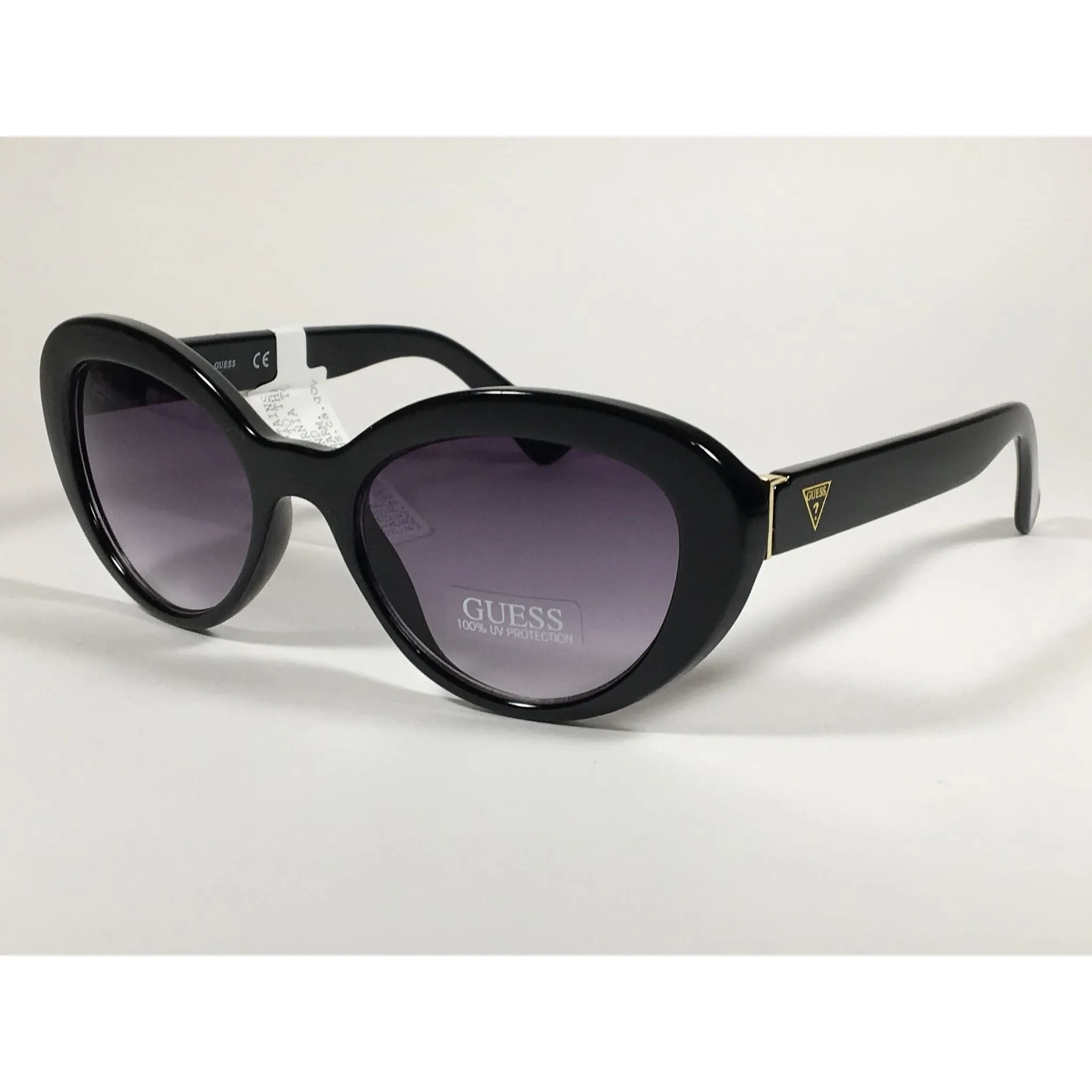 Guess Cat Eye Sunglasses Black Frame Gold Trim Smoke Gray Gradient GF0348 01B