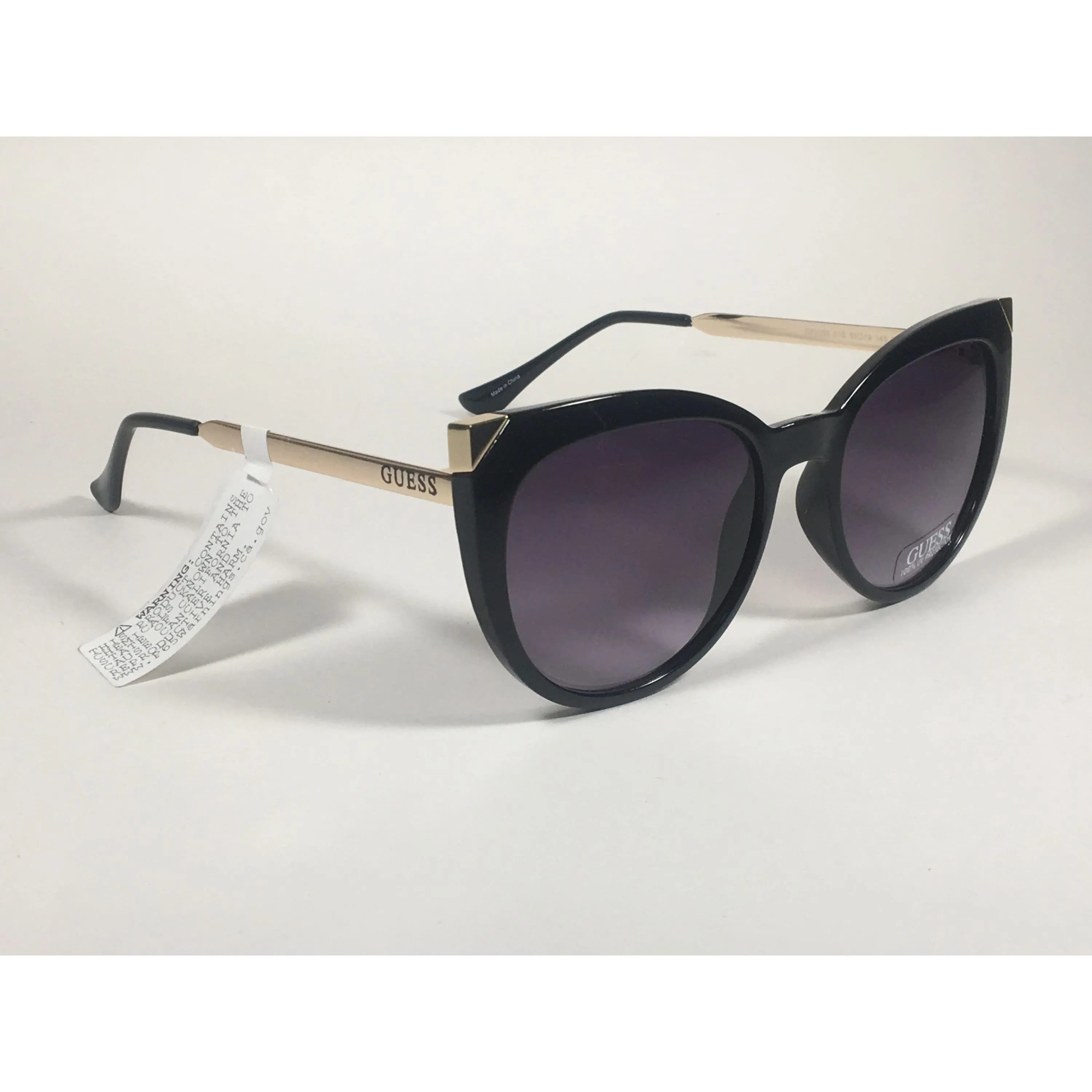 Guess Cat Eye Sunglasses Black Gloss Gold Accent Smoke Gradient Lens GF0359 01B