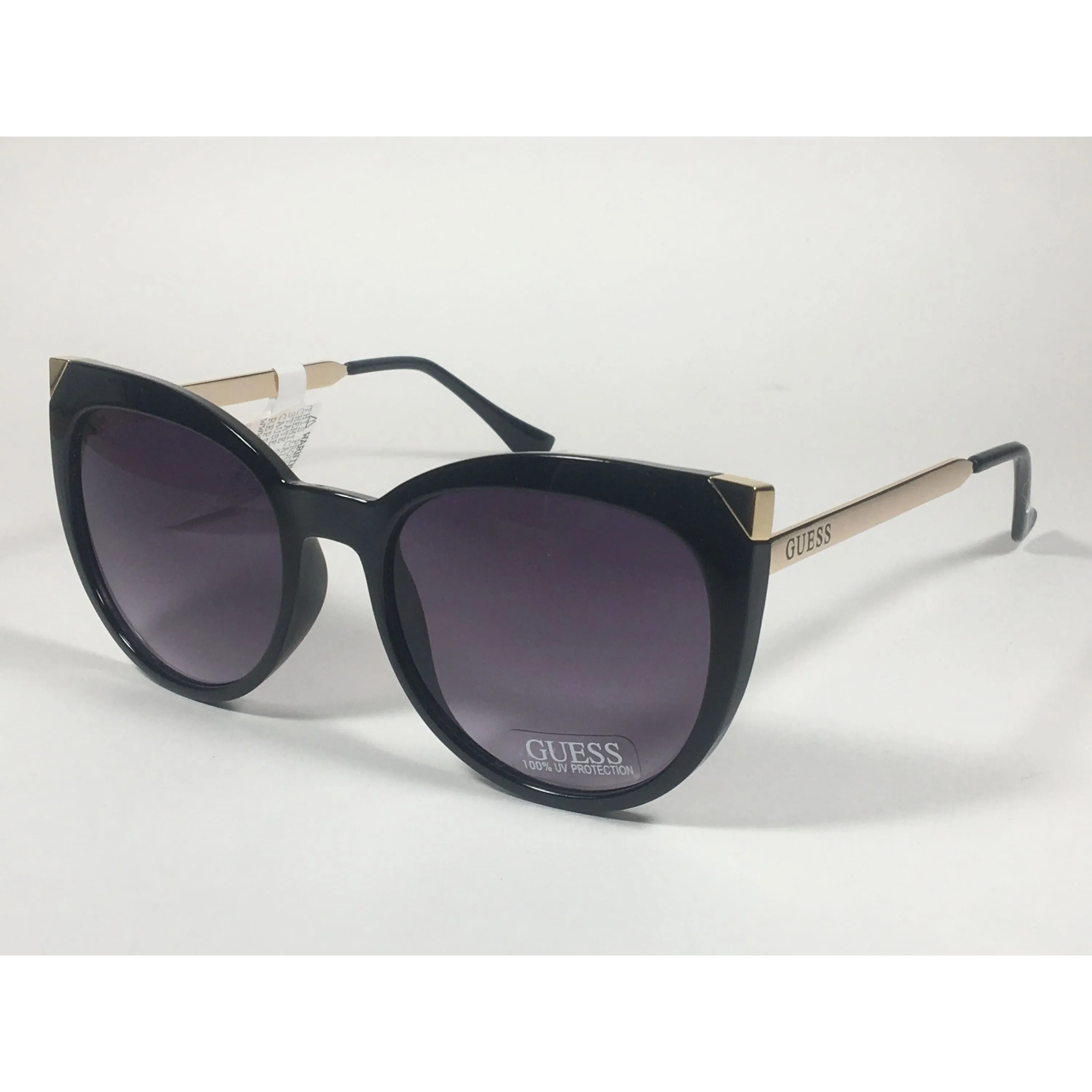 Guess Cat Eye Sunglasses Black Gloss Gold Accent Smoke Gradient Lens GF0359 01B