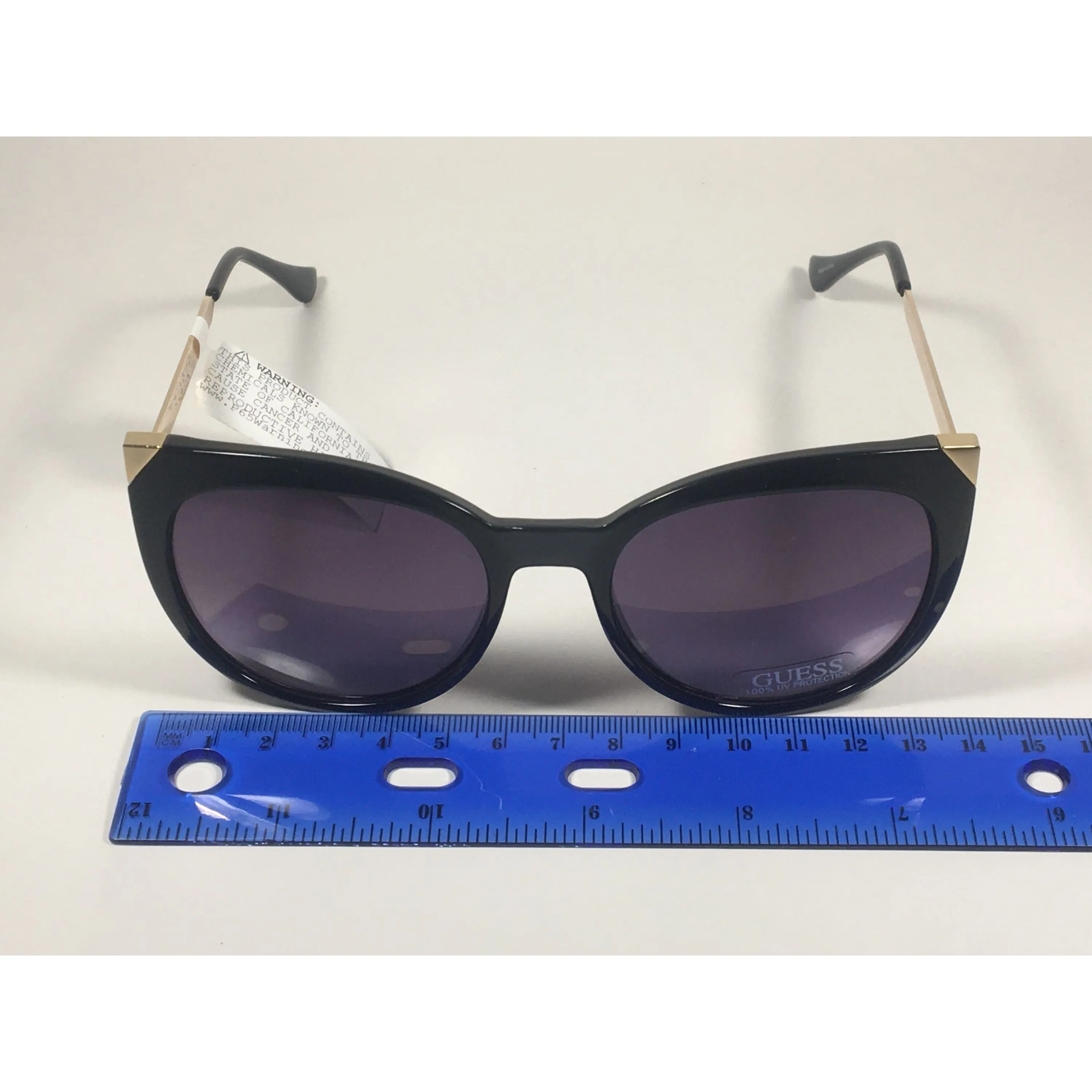 Guess Cat Eye Sunglasses Black Gloss Gold Accent Smoke Gradient Lens GF0359 01B