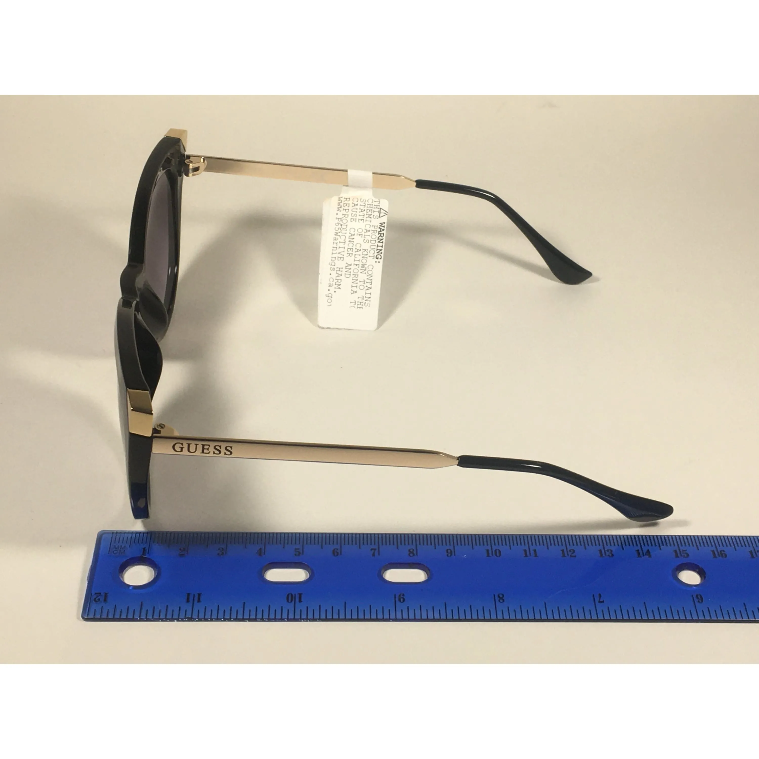 Guess Cat Eye Sunglasses Black Gloss Gold Accent Smoke Gradient Lens GF0359 01B