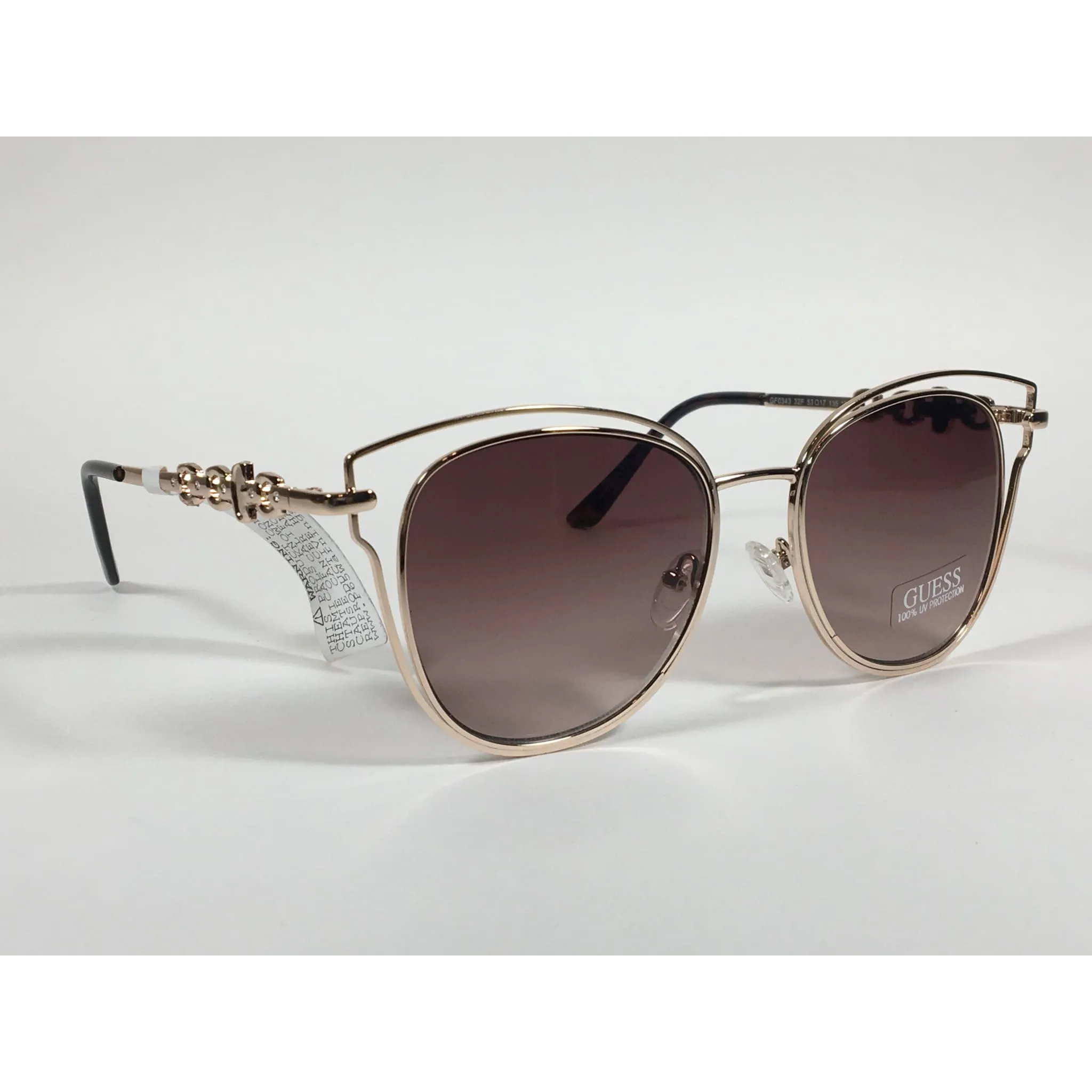 Guess Cat Eye Sunglasses Gold Tone Metal Brown Gradient Lens GF0343 32F