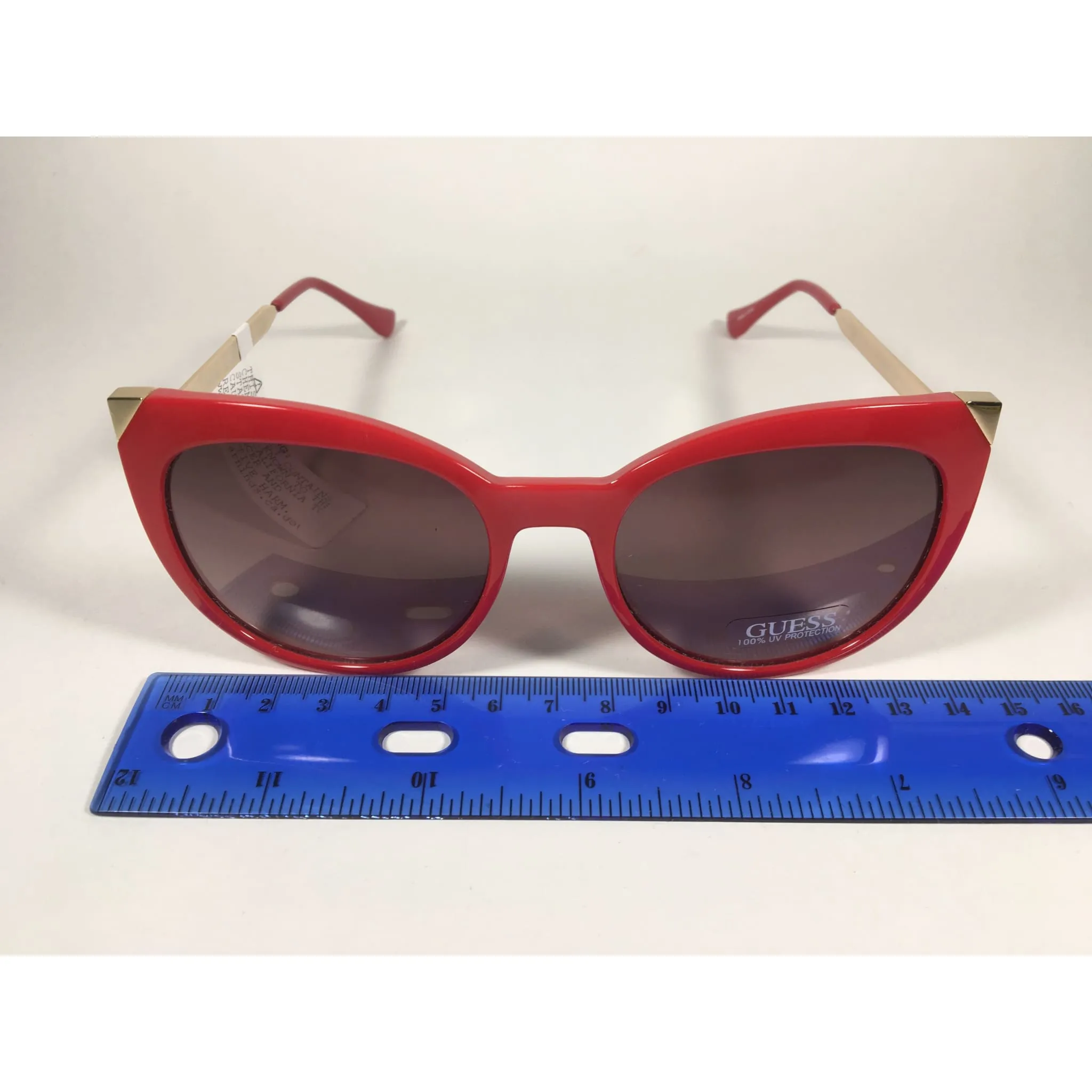 Guess Cat Eye Sunglasses Red Gloss And Gold Frame Brown Gradient Lens GF0359 66F