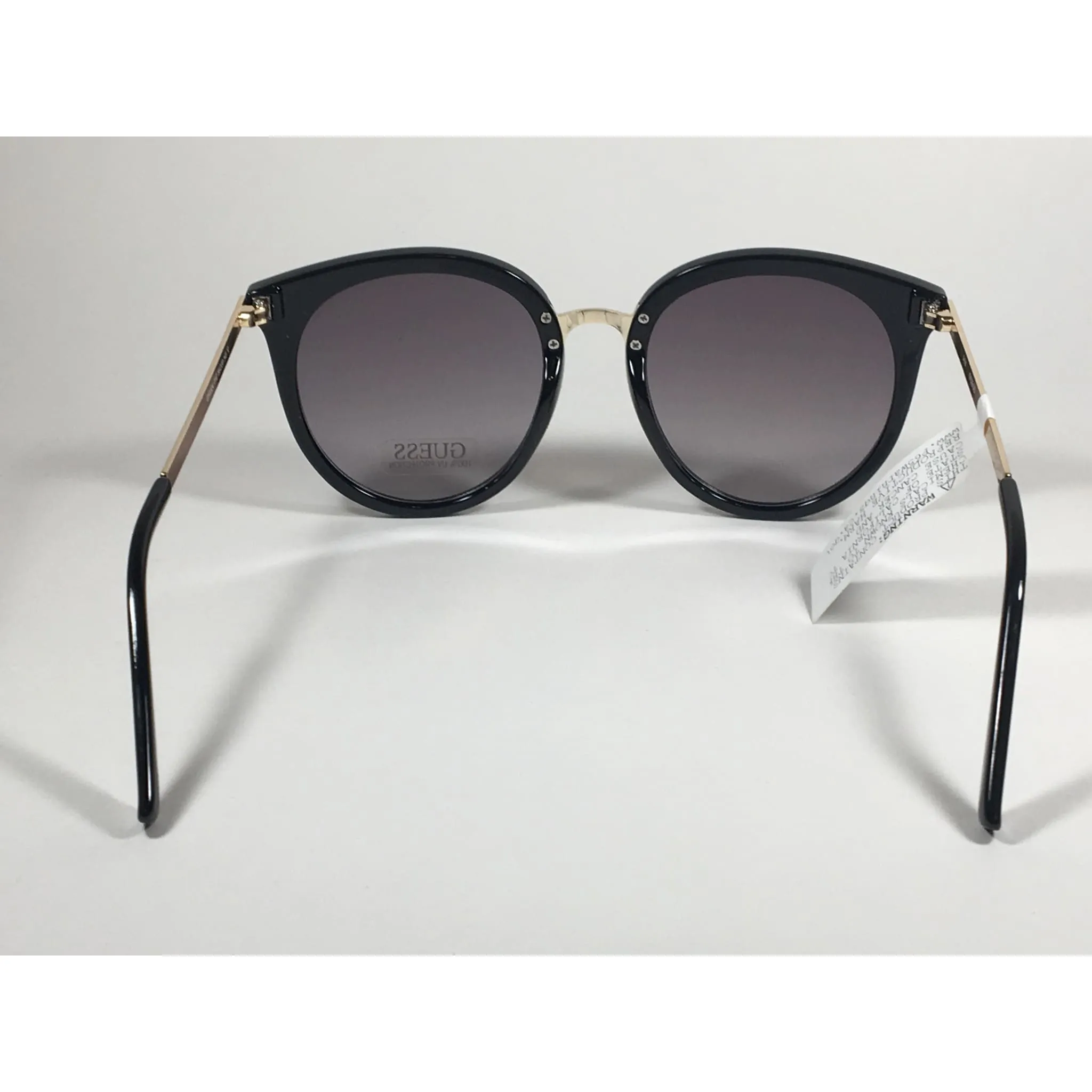 Guess Large Round Sunglasses Gold Tone Black Frame Brown Smoke Gradient Lens With Gold Flash GF0324 01C